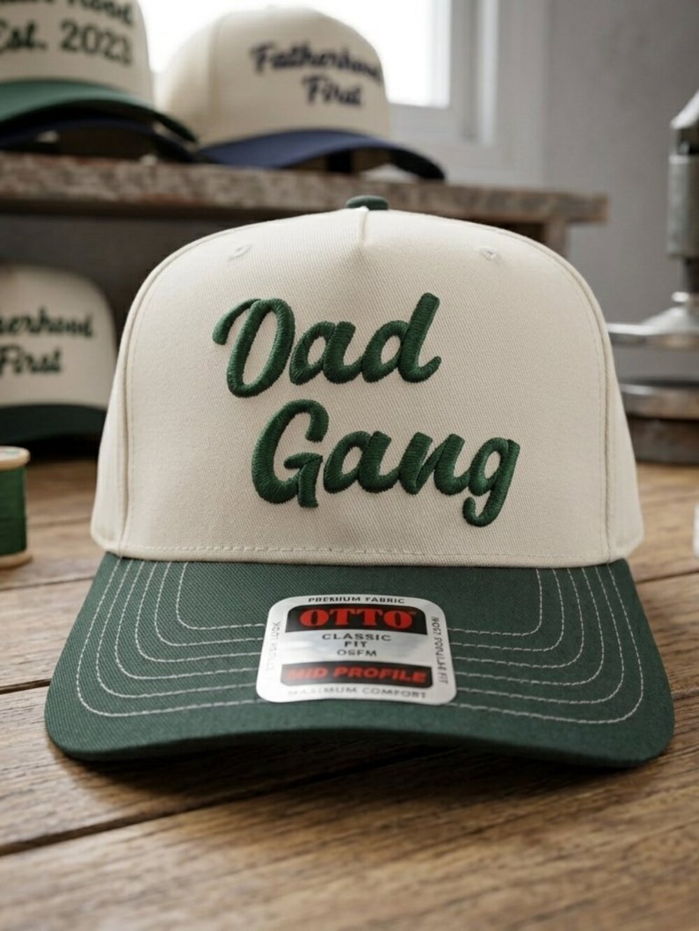 Dad Gang Script Embroidered Cream Forest Green OTTO Snapback Hat Father Cap DILF